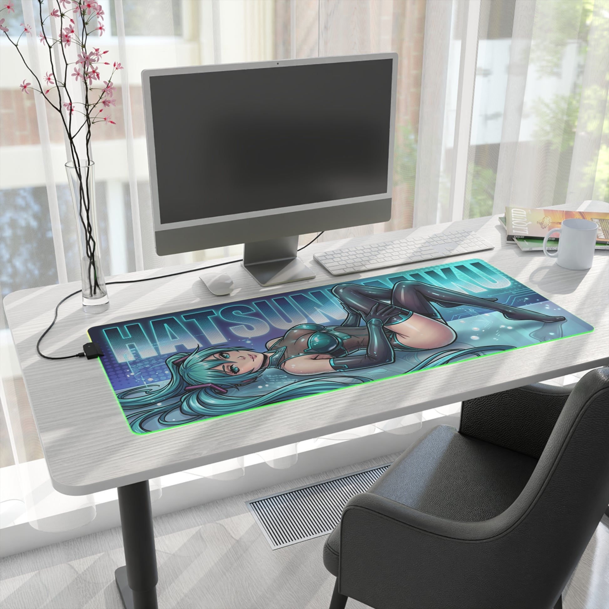 Hatsune Miku RGB Desk Mat, Anime Gaming Mouse Pad, LED Desk Mat for Gamer Setup on modern white desk with teal anime character and RGB lighting