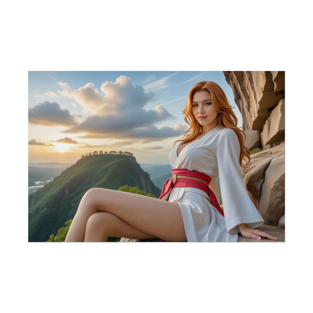 Anime Waifu Poster | Tsunade Print for Ninja Fantasy Room Aesthetic - serene Tsunade-inspired portrait in white kimono at sunset