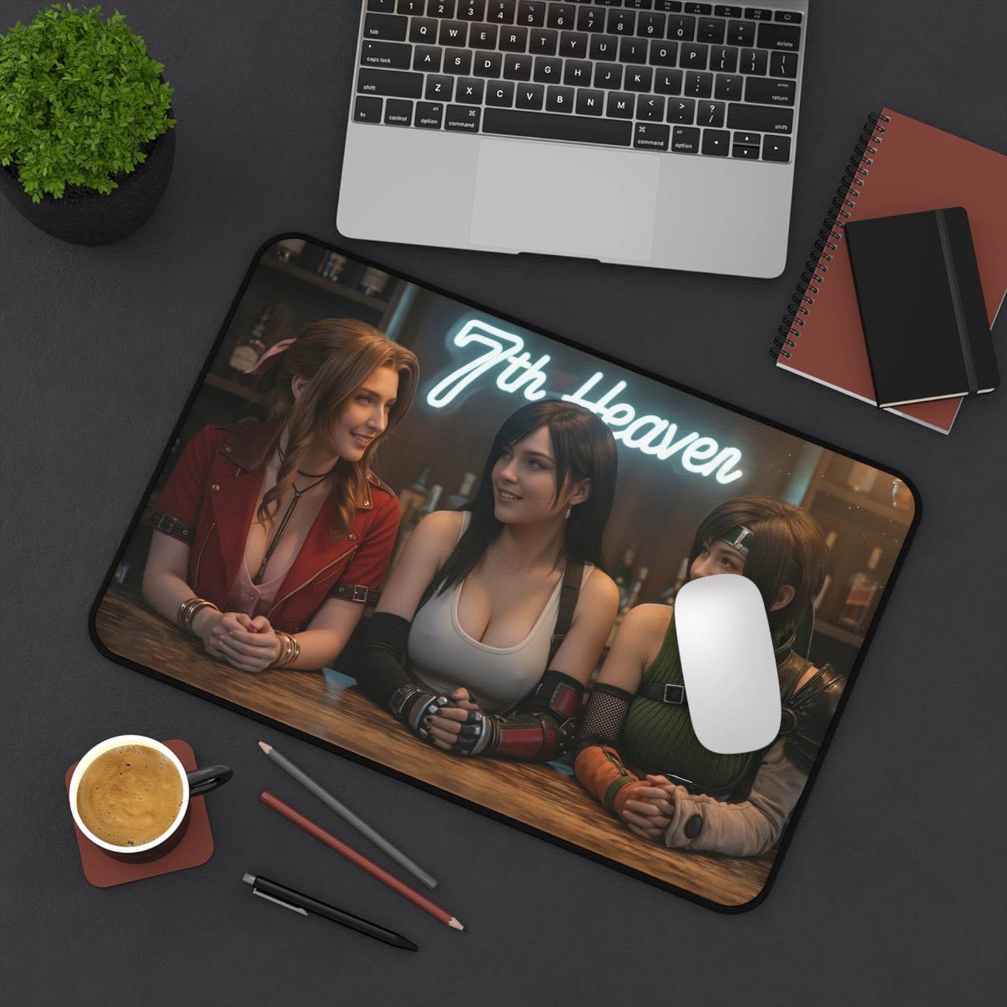 Tifa Aerith Yuffie Gaming Mouse Pad, Final Fantasy Desk Mat, RPG Heroine Setup featuring Tifa Aerith and Yuffie artwork on a desk mat