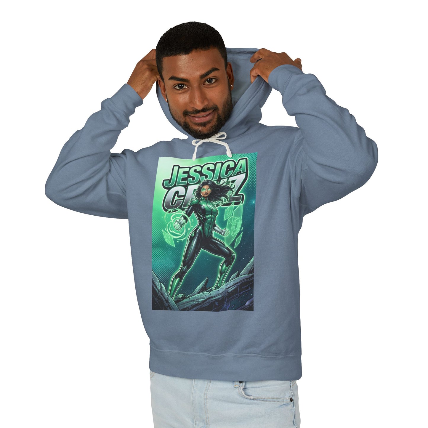 Jessica Cruz Hoodie | Green Lantern Hoodie | DC Superhero Pullover - model wearing blue hoodie with glowing green Jessica Cruz graphic