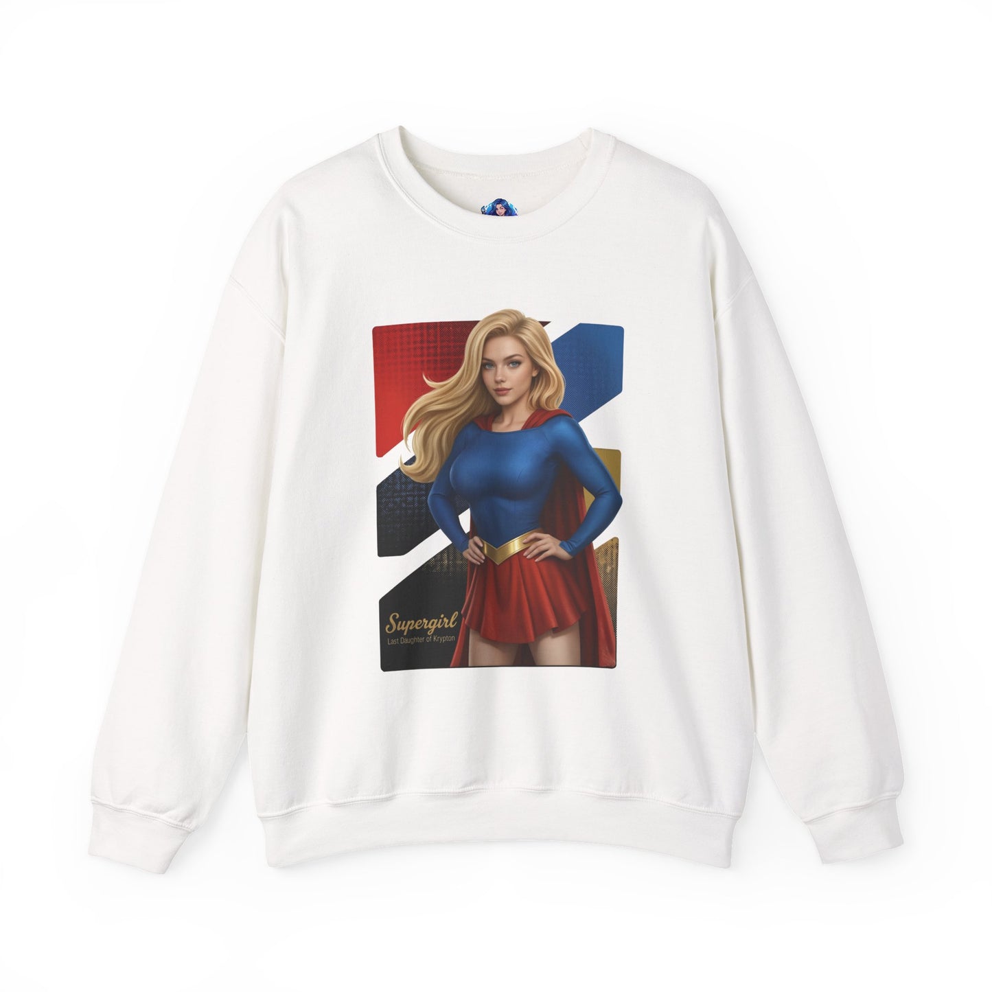 Supergirl Sweatshirt, DC Comics Crewneck, Iconic Superhero Apparel for Fans — white crewneck with classic Supergirl illustration in blue and red