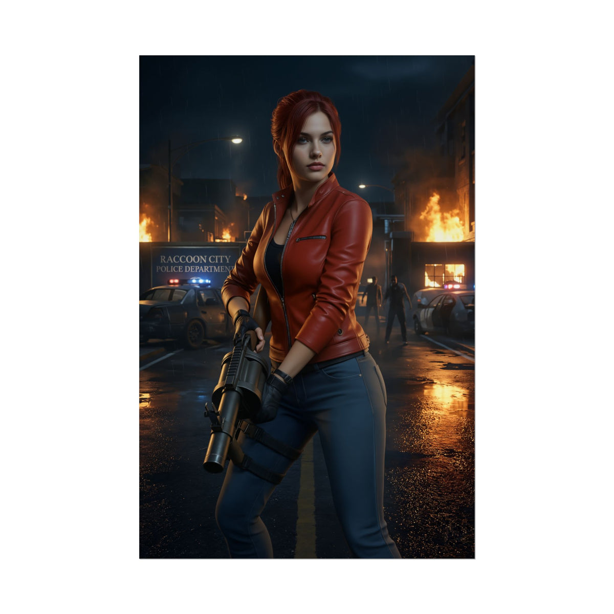 Claire Redfield Poster  Iconic Survival Heroine Wall Art for Gamer Decor, cinematic high-res print of heroine with gun at night