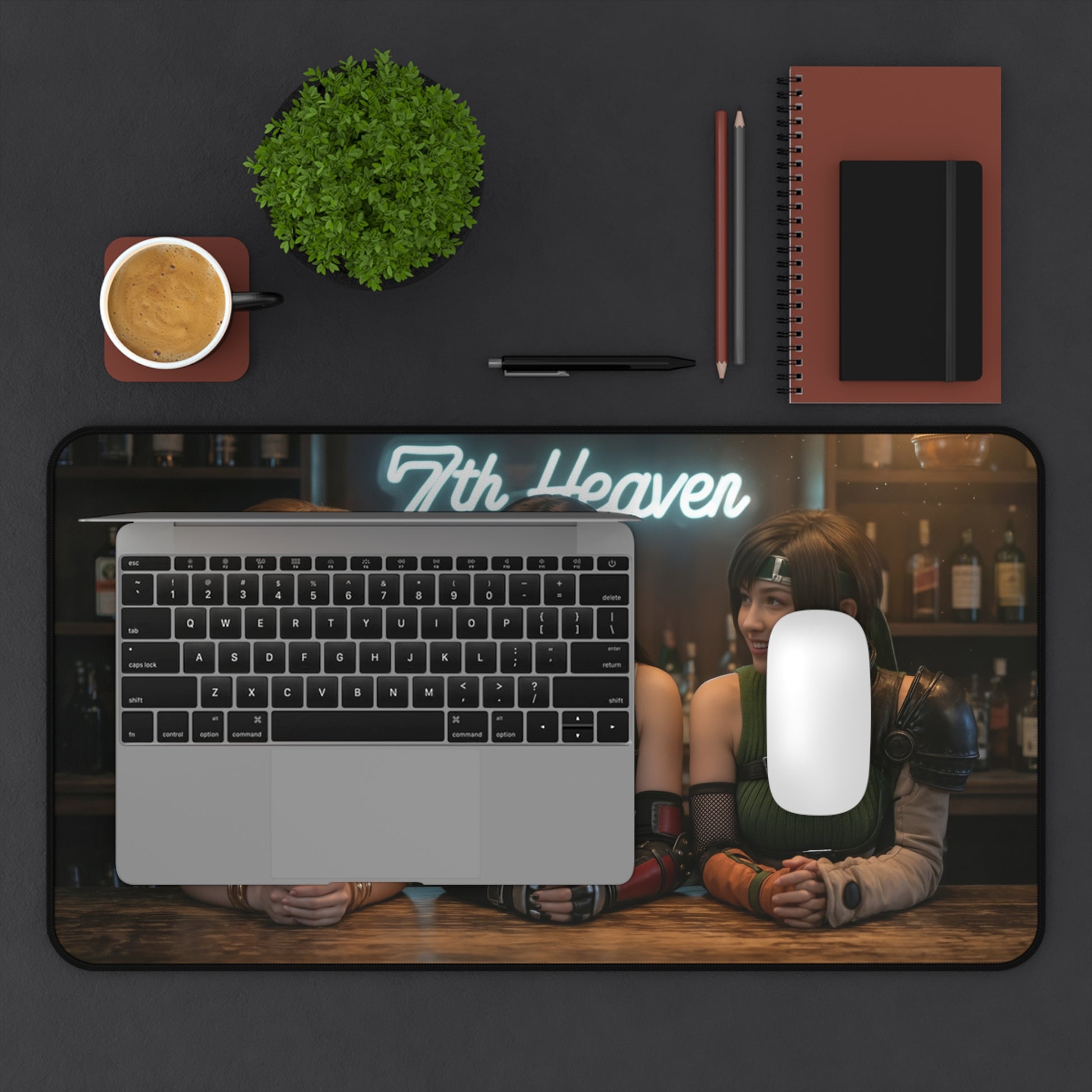 Tifa Aerith Yuffie Gaming Mouse Pad, Final Fantasy Desk Mat, RPG Heroine Setup — 7th Heaven bar artwork desk mat with laptop and mouse