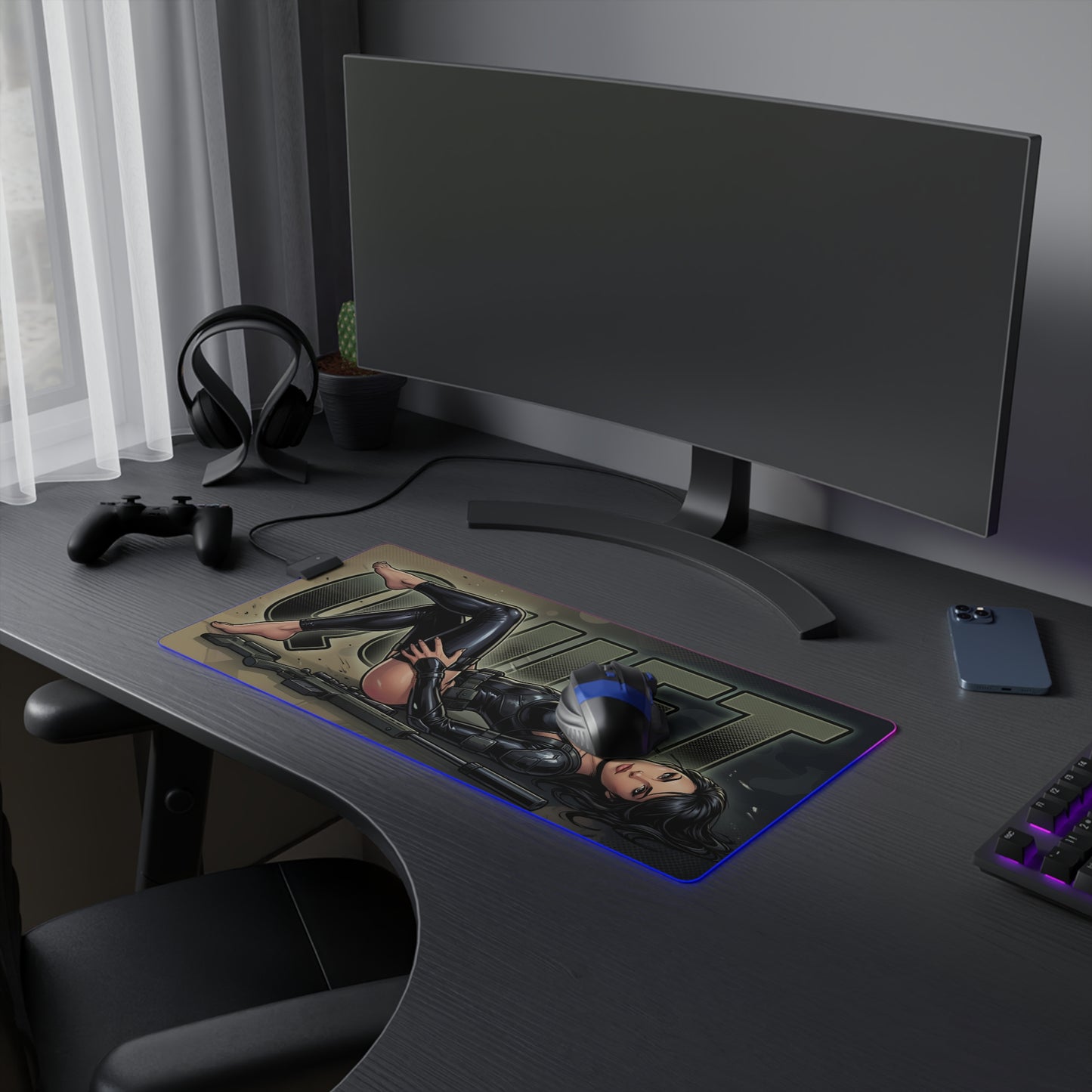 Quiet RGB Desk Mat, Metal Gear Solid V Gaming Mouse Pad, LED Desk Mat with sniper-inspired artwork and RGB lighting on modern gaming desk
