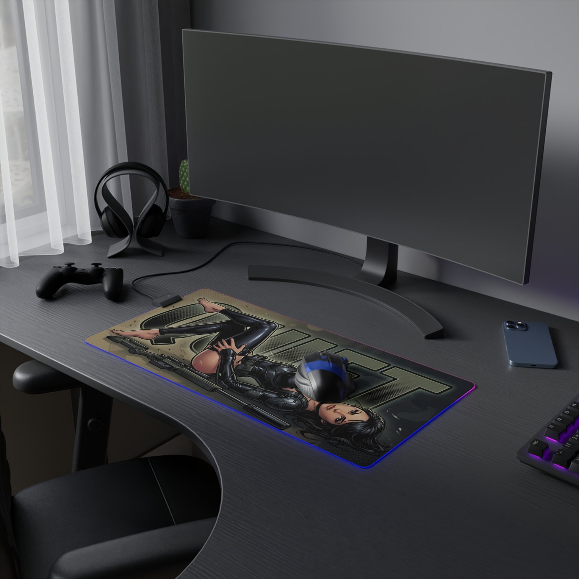 Quiet RGB Desk Mat, Metal Gear Solid V Gaming Mouse Pad, LED Desk Mat with sniper-inspired artwork and RGB lighting on modern gaming desk