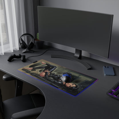 Quiet RGB Desk Mat, Metal Gear Solid V Gaming Mouse Pad, LED Desk Mat with sniper-inspired artwork and RGB lighting on modern gaming desk