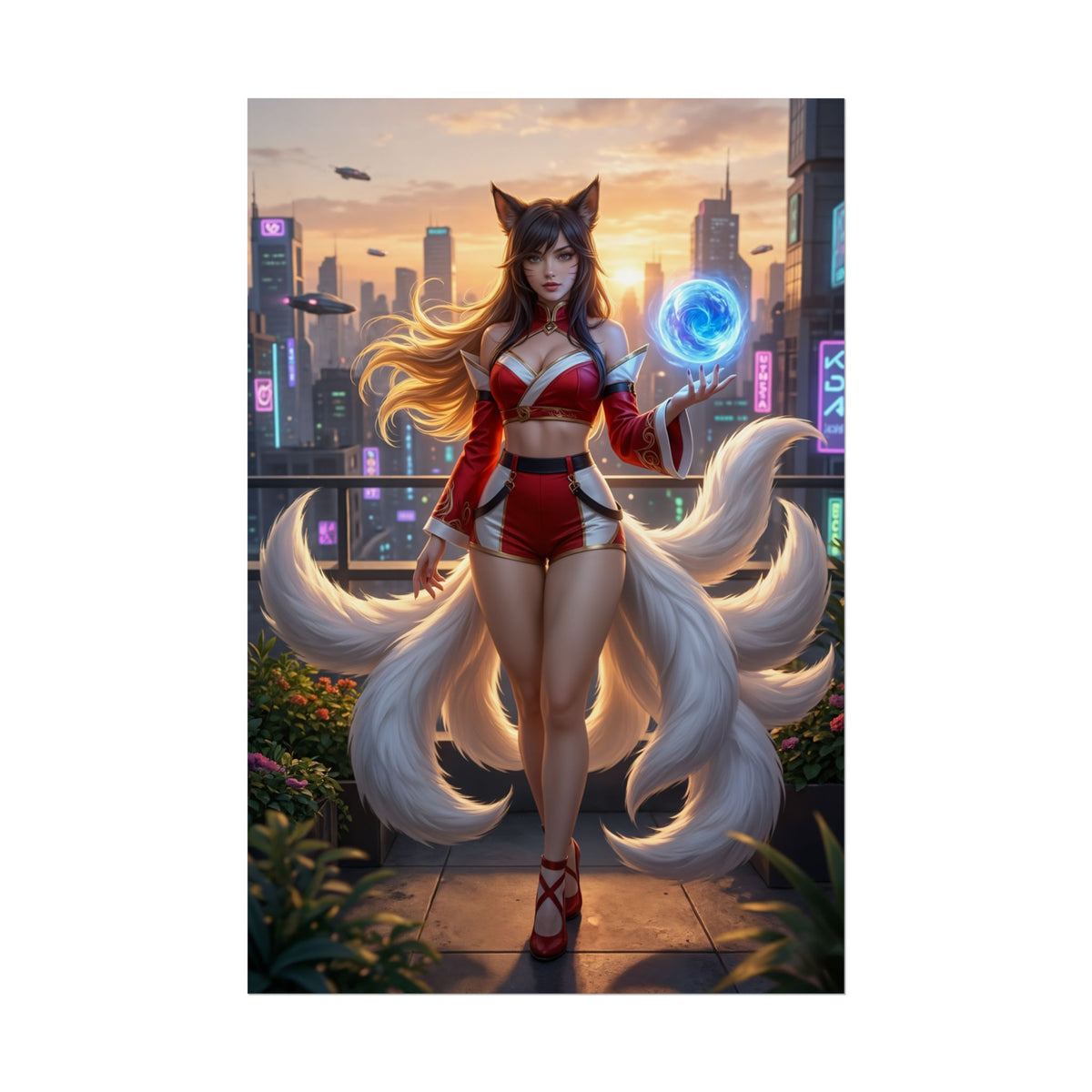 Ahri Poster, League of Legends Art Print, Iconic Nine-Tailed Mage - dynamic cityscape art print of Ahri with glowing orb and multiple tails