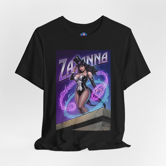 Zatanna T-Shirt | DC Comics Anime Tee for Gamers & Fans - black Bella Canvas tee showing Zatanna in magician outfit with arcane magic effects