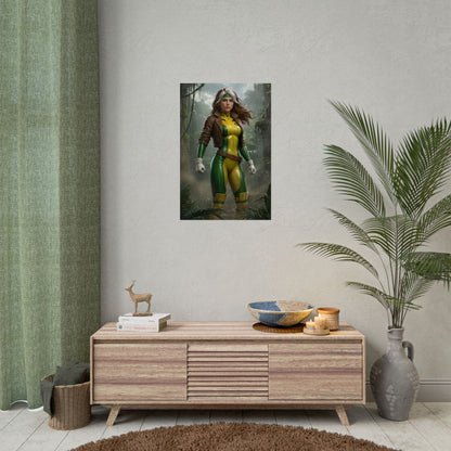 Rogue X-Men Poster – Iconic Mutant Heroine Wall Art for Gamer Decor hanging in stylish gaming room with wood console and plant