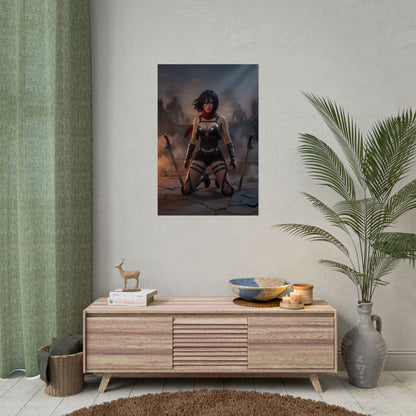 Mikasa Poster / Mikasa Wall Art / Mikasa Art Print / Attack on Titan Poster - dramatic Mikasa kneeling on battlefield with smoke, steel and determined expression