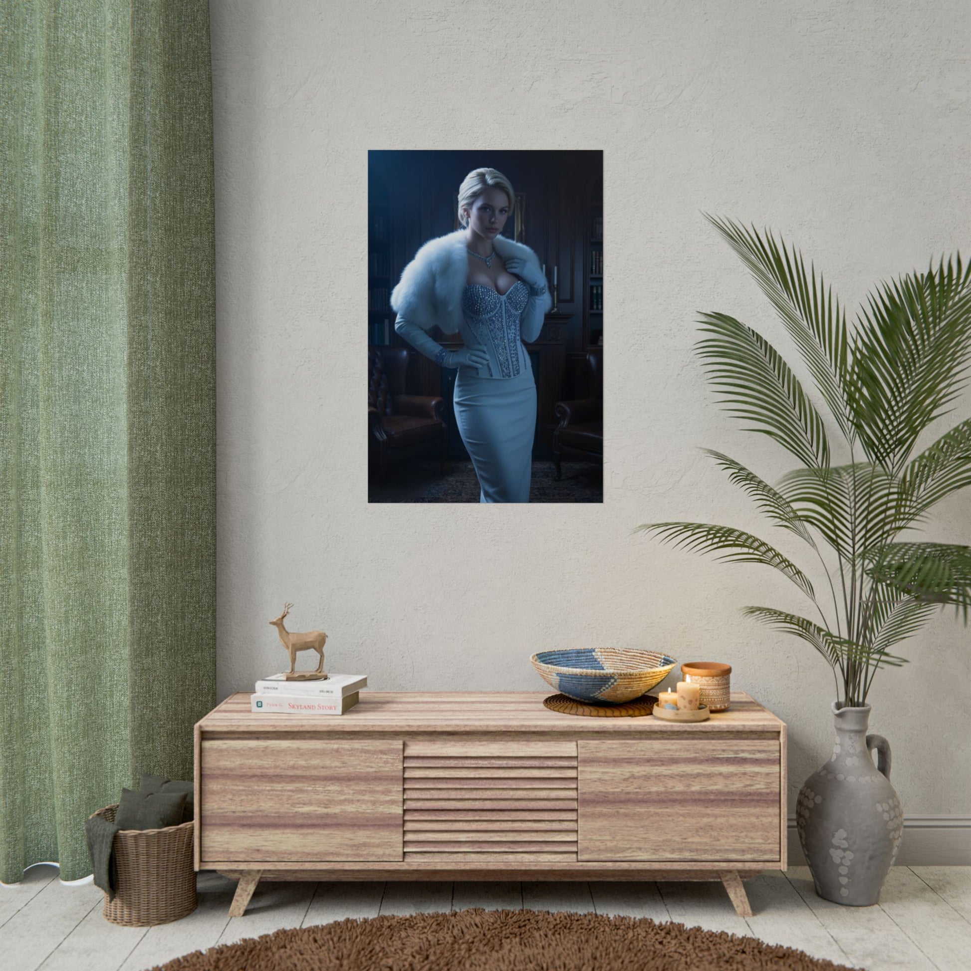 Emma Frost Poster, Marvel Art Print – Iconic Mutant Heroine Wall Art displayed in stylish living room with elegant character presence