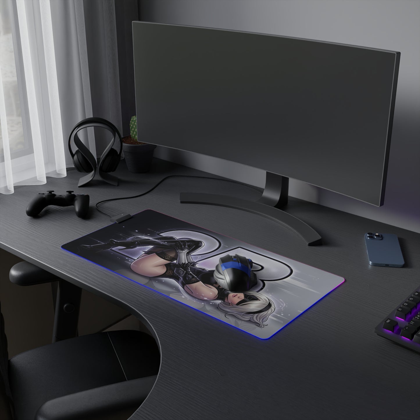2B RGB Desk Mat, NieR Automata Gaming Mouse Pad, LED Desk Mat showcasing sci-fi 2B artwork on RGB-lit large gaming mouse pad