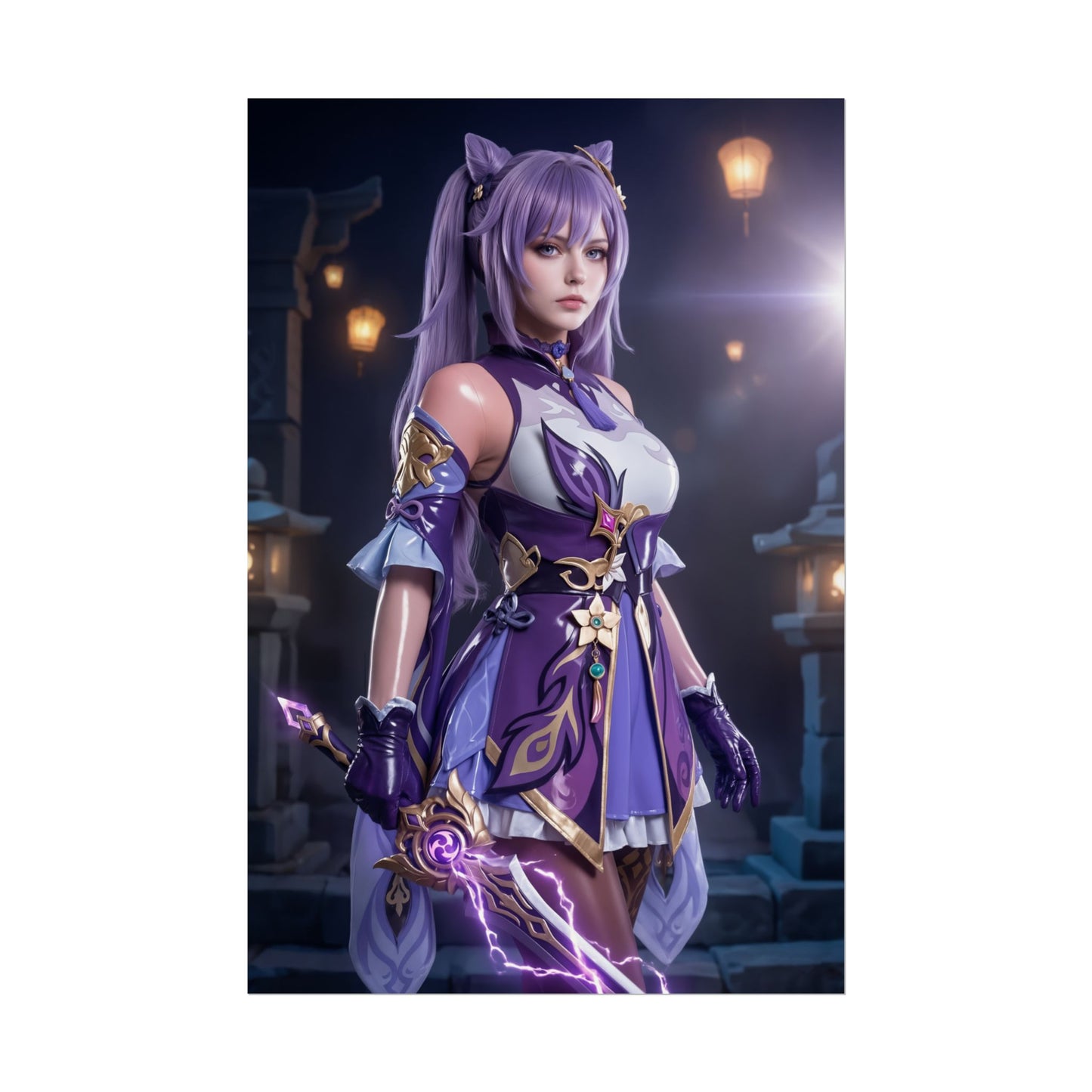 Keqing Poster, Genshin Impact Art Print – Iconic Electro Heroine Wall Art featuring Keqing in purple armor holding Electro sword