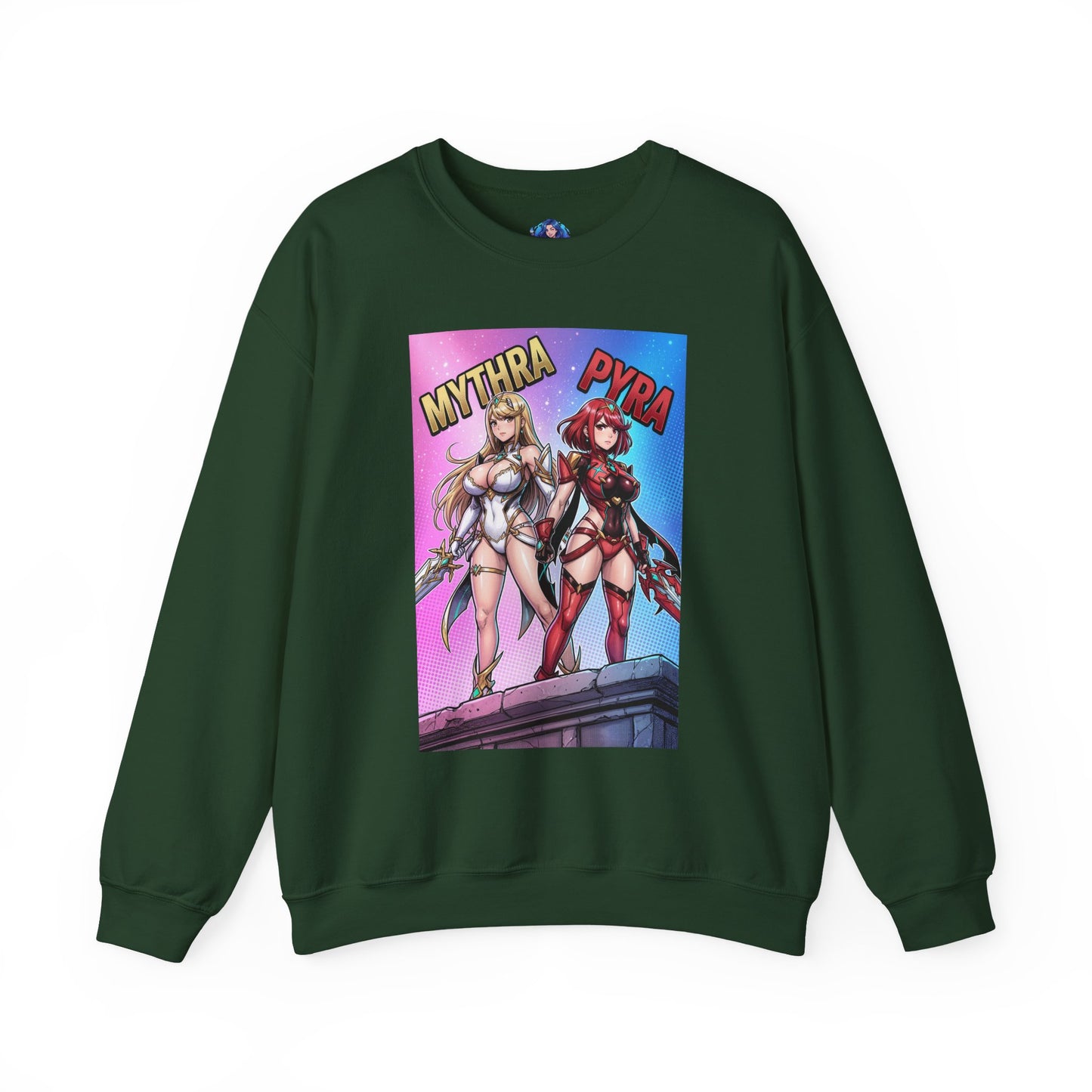 Mythra and Pyra Sweatshirt, Fantasy RPG Crewneck, Anime-Inspired Fan Apparel - green crewneck with vibrant Mythra and Pyra artwork