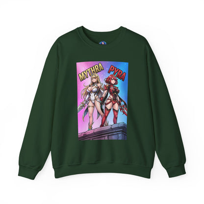 Mythra and Pyra Sweatshirt, Fantasy RPG Crewneck, Anime-Inspired Fan Apparel - green crewneck with vibrant Mythra and Pyra artwork