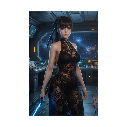 EVE Poster, Stellar Blade Print, Futuristic Combat Hero Art Wall Decor featuring disciplined armored heroine in a starship bridge holding glowing blade