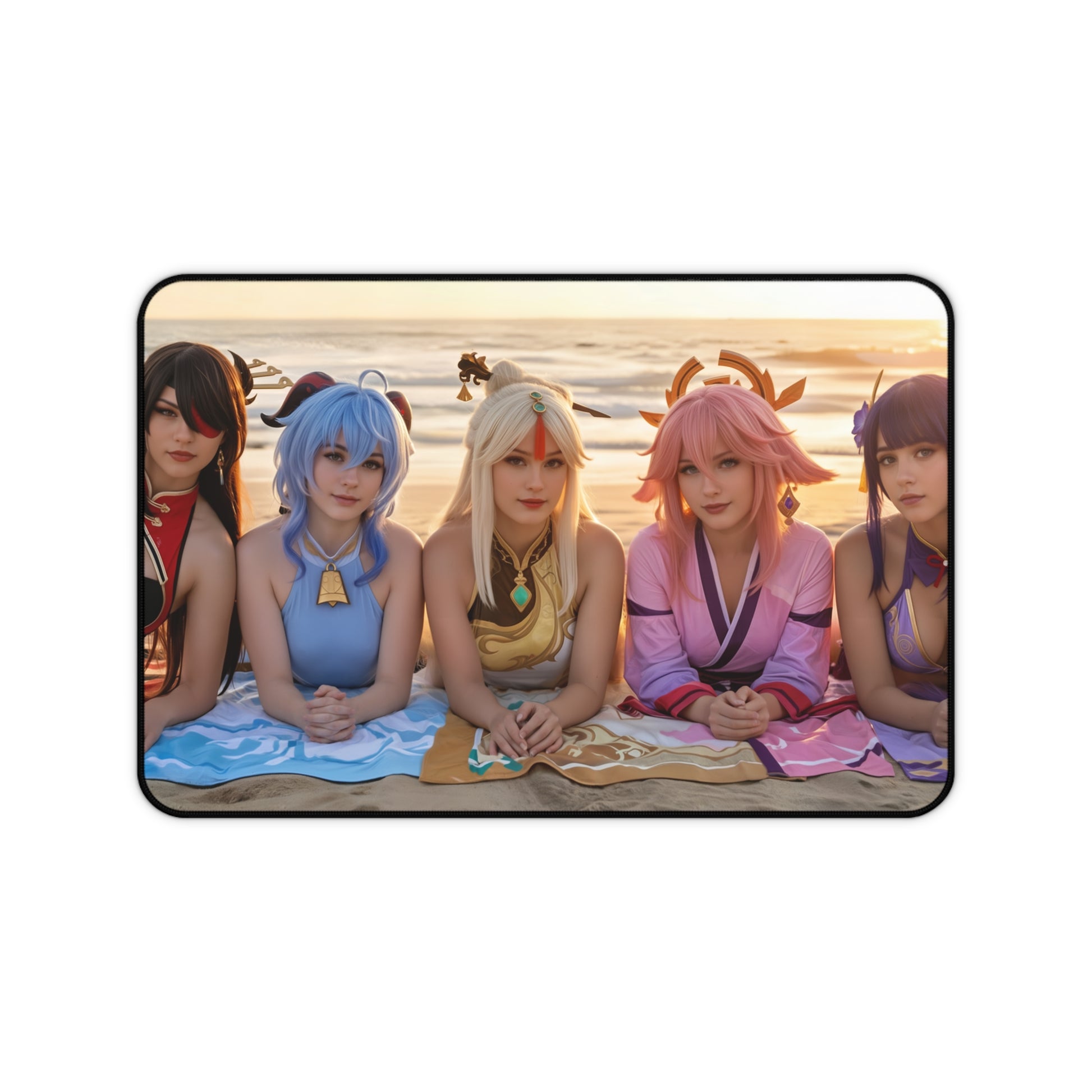 Genshin Impact Girls Gaming Mouse Pad, Anime RPG Desk Mat, Fantasy Heroine Setup featuring five heroines on a beach sunset desk mat