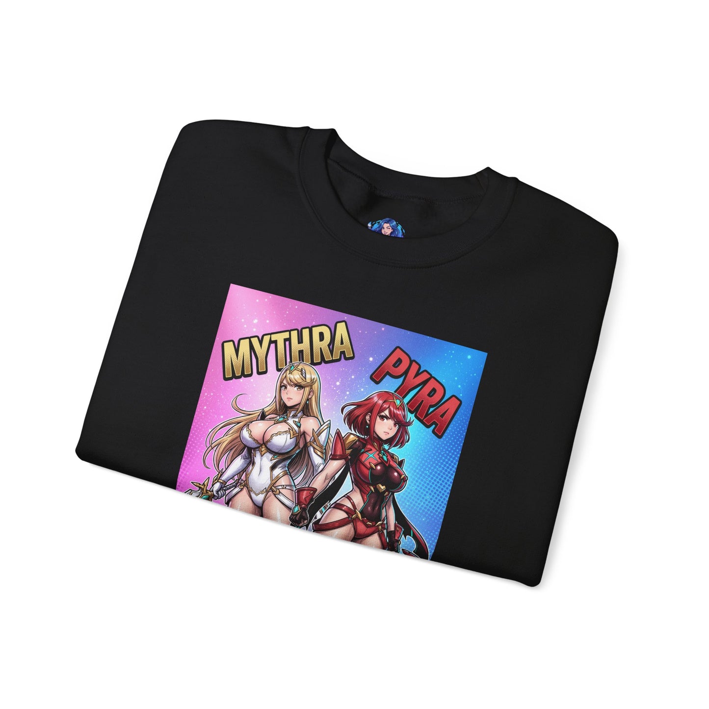 Mythra and Pyra Sweatshirt, Fantasy RPG Crewneck, Anime-Inspired Fan Apparel showing folded black crewneck with vibrant Mythra and Pyra artwork