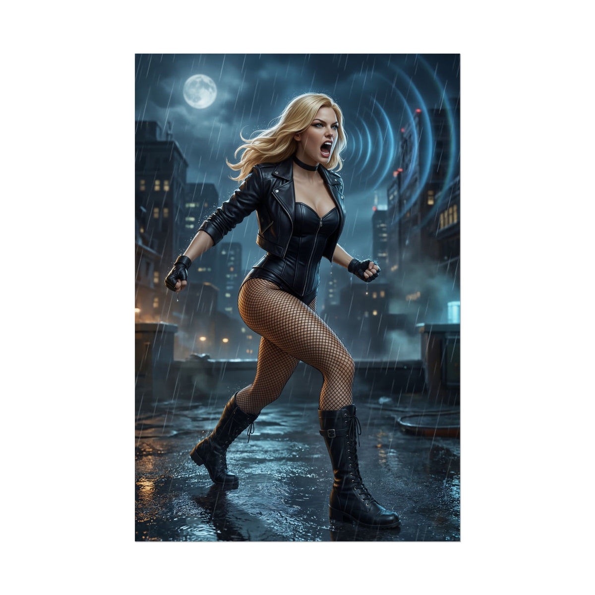Black Canary DC Poster  Iconic Superheroine Wall Art for Gamer Decor, high-res dynamic poster of Black Canary shouting on rainy rooftop
