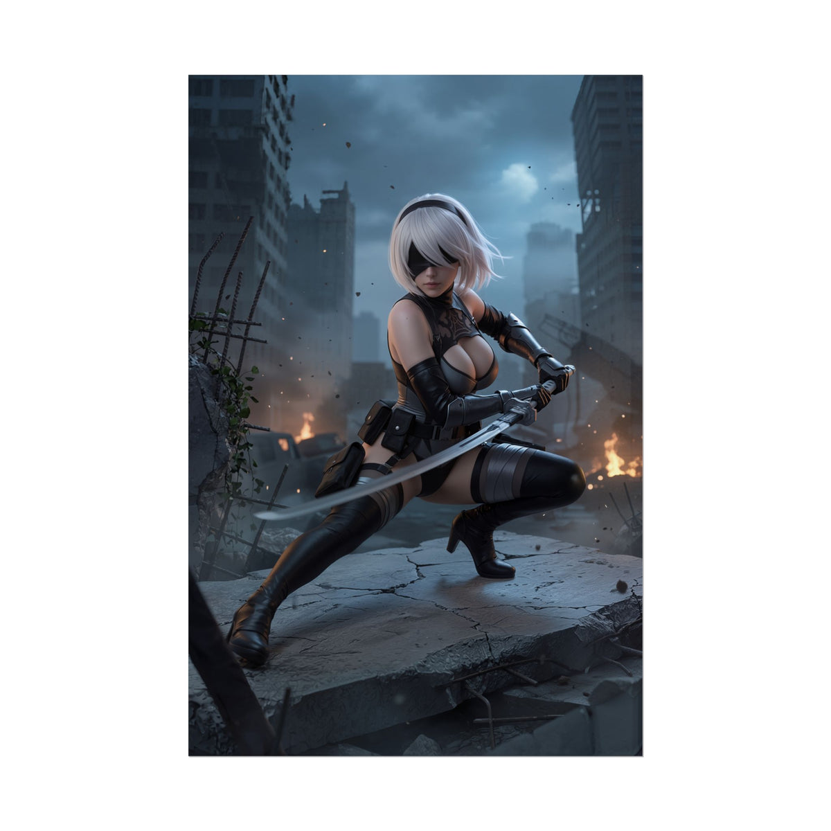 2B Poster, Nier Automata Art Print  Iconic Android Warrior Wall Art featuring 2B in battle-ready pose over ruined cityscape