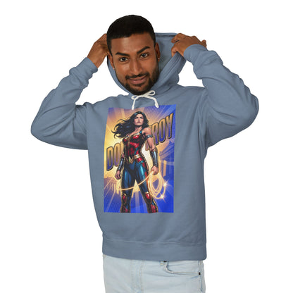Donna Troy Hoodie | DC Superhero Hoodie | Amazon Legacy Pullover - model wearing blue cotton pullover with bold Donna Troy warrior graphic