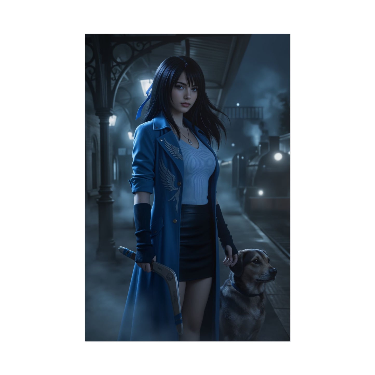 Rinoa Heartilly Poster, Final Fantasy Art Print – Iconic RPG Heroine standing at a misty train platform with blue coat and dog