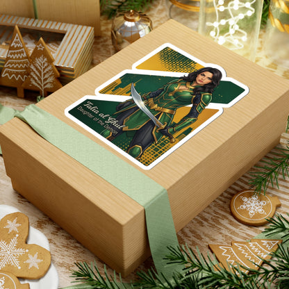 Talia al Ghul Sticker – Comic Villain Vinyl Sticker for Laptops & Indoor Decor on gift box showing glossy comic-style Talia al Ghul artwork