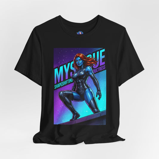 Mystique T-Shirt | Marvel X-Men Anime Tee for Gamers & Fans — stylized Mystique blue-skinned shapeshifter on Bella Canvas 3001 black tee