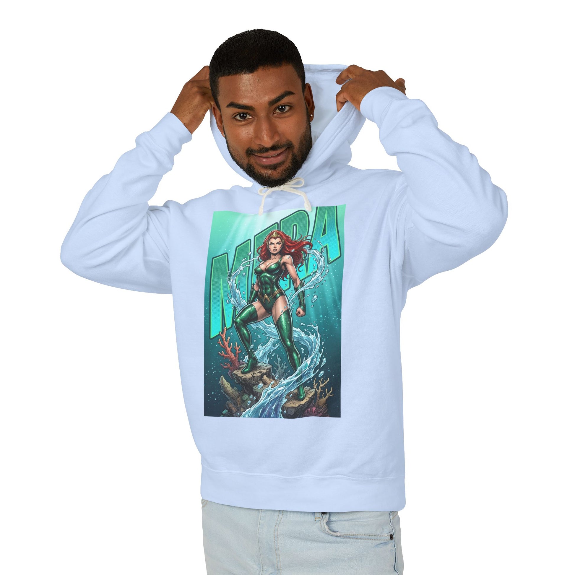 Mera Hoodie | DC Superhero Hoodie | Ocean-Born Warrior Pullover - man wearing light blue hoodie with bold Mera ocean graphic