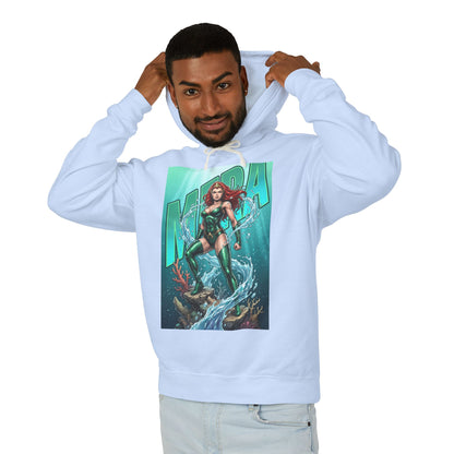 Mera Hoodie | DC Superhero Hoodie | Ocean-Born Warrior Pullover - man wearing light blue hoodie with bold Mera ocean graphic
