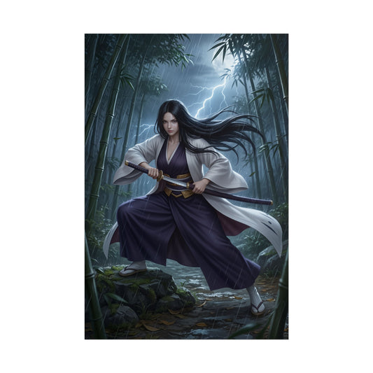 Unohana Retsu Poster, Bleach Art Print – Anime Heroine Wall Art - dramatic samurai heroine in bamboo forest with sword and lightning