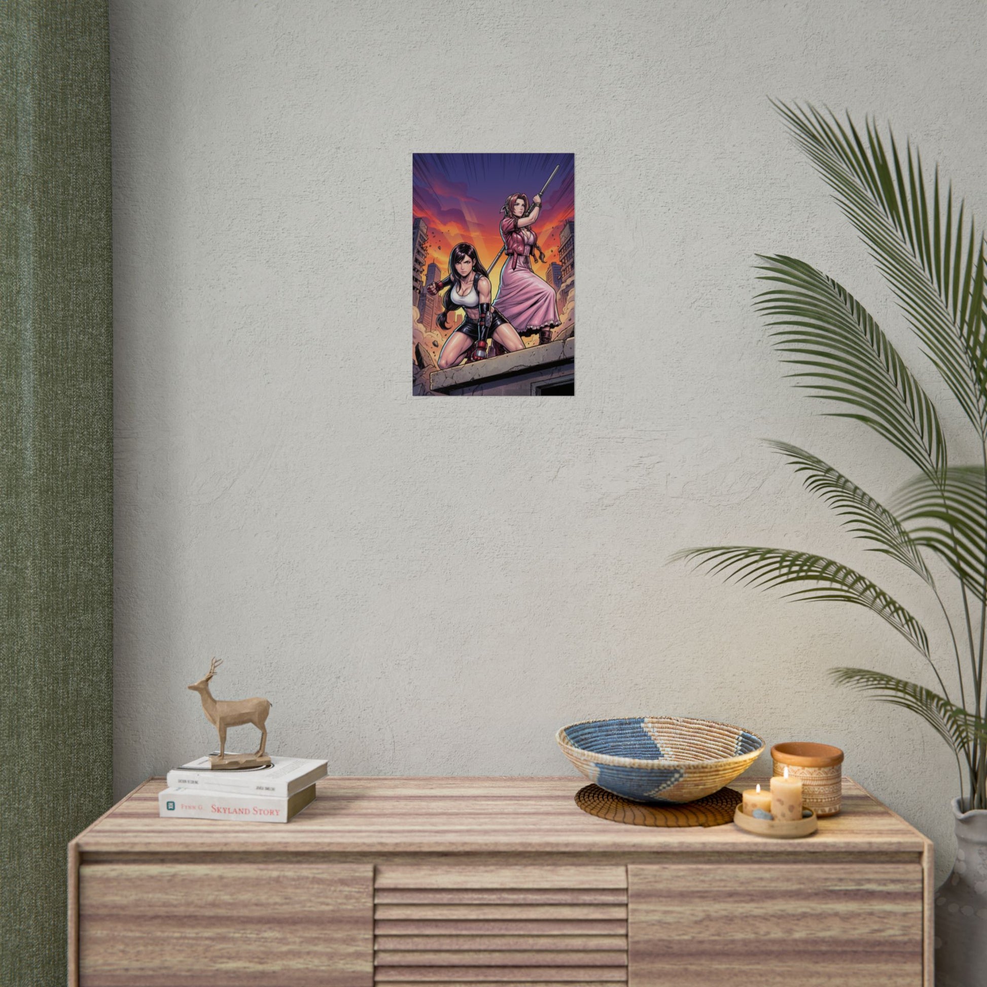 Tifa Lockhart & Aerith Gainsborough Poster / Tifa & Aerith Wall Art / Tifa & Aerith Art Print / Final Fantasy Poster - duo heroine poster over ruined city skyline