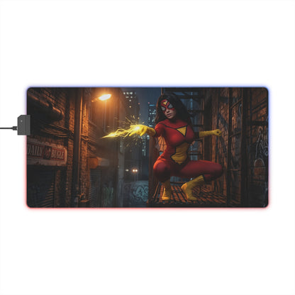 Spider-Woman Desk Mat – LED RGB Pad, Waifu Hero Anime Girl Setup showing dynamic waifu hero in red suit firing energy on urban alley with RGB edge lights