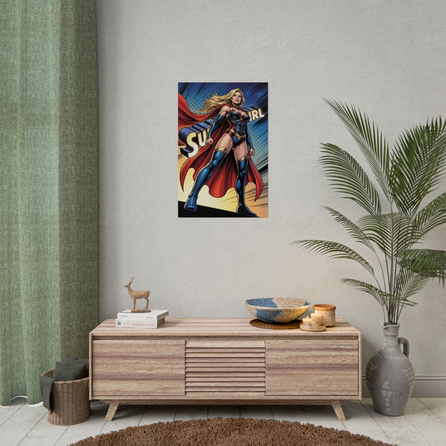 Supergirl Poster / Supergirl Wall Art / Supergirl Art Print / DC Comics Poster showing heroic Supergirl in dramatic sky, bold colors, ideal for fan collections
