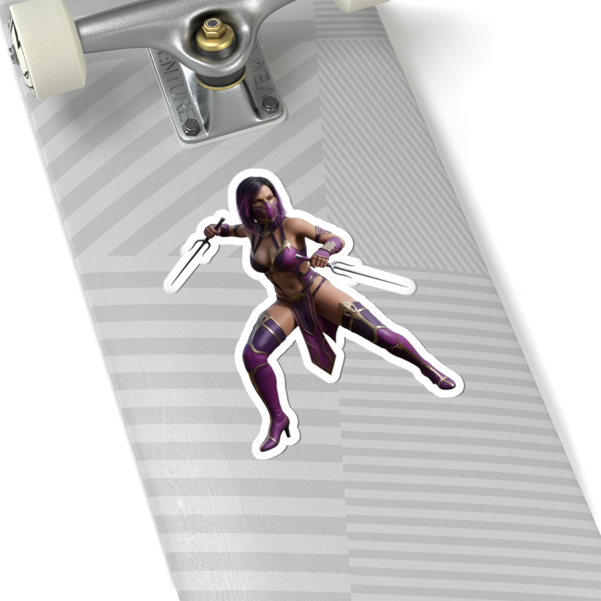 Mileena Sticker – Mortal Kombat Vinyl Sticker for Laptops & Indoor Decor on skateboard, glossy durable vinyl, vibrant purple Mileena artwork