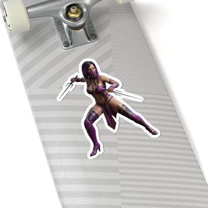 Mileena Sticker – Mortal Kombat Vinyl Sticker for Laptops & Indoor Decor on skateboard, glossy durable vinyl, vibrant purple Mileena artwork