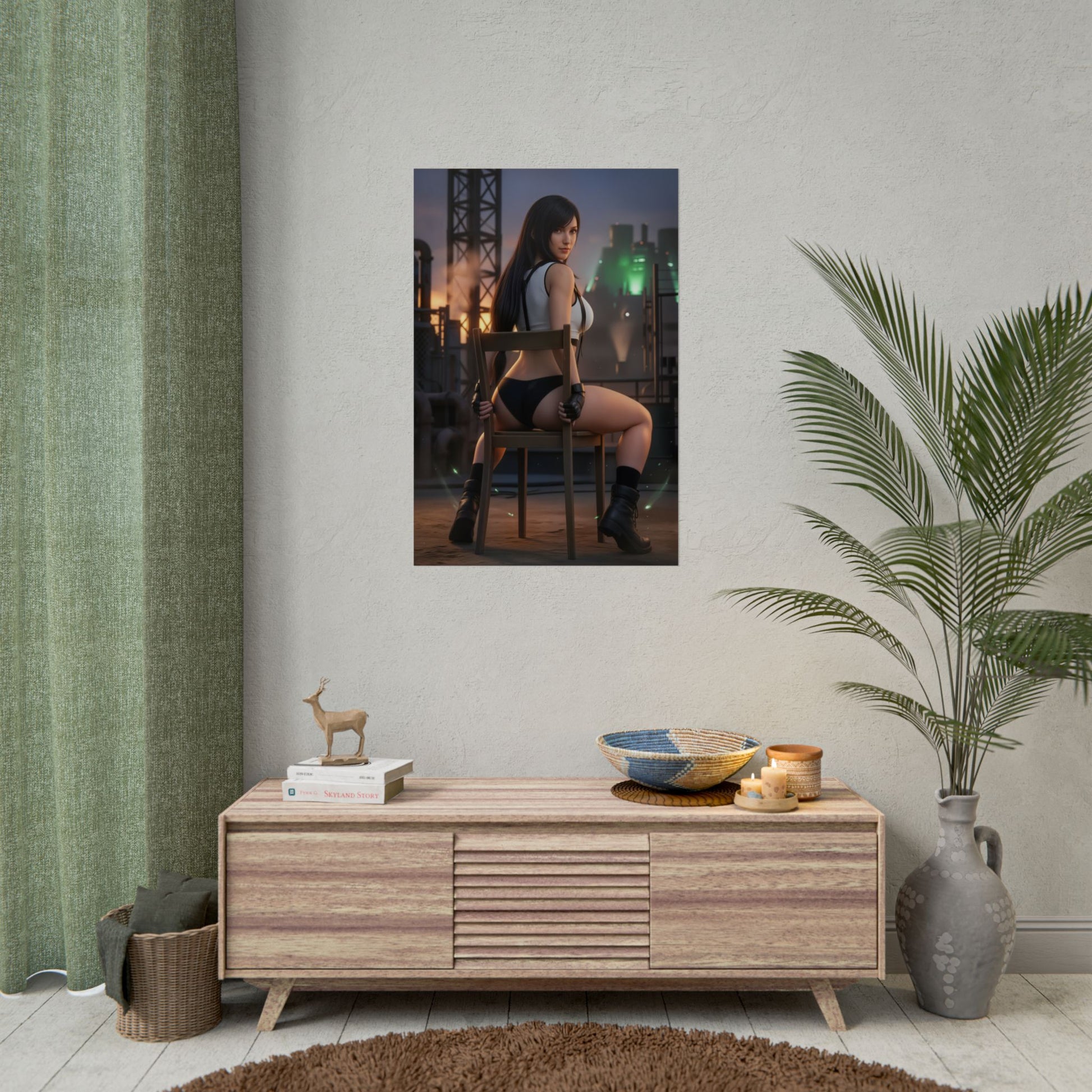 Tifa Lockhart Poster Final Fantasy Wall Art Print Gaming Decor showing Tifa seated in industrial city with cinematic lighting