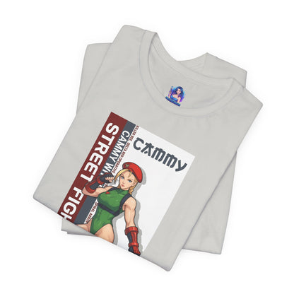 Cammy White T-Shirt | Street Fighter Anime Tee for Gamers & Fighting Game Fans - Bella Canvas tee showing Cammy in green leotard, red beret and gloves