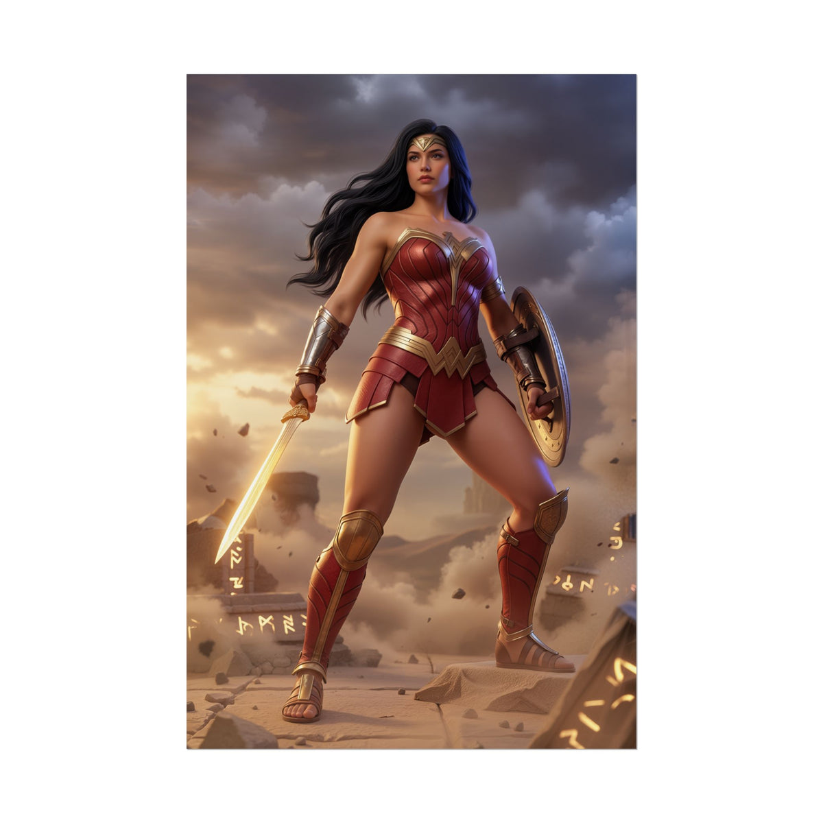 Wonder Woman Poster, DC Comics Wall Art Print  Heroine Decor: heroic Wonder Woman with sword and shield in epic stormy scene