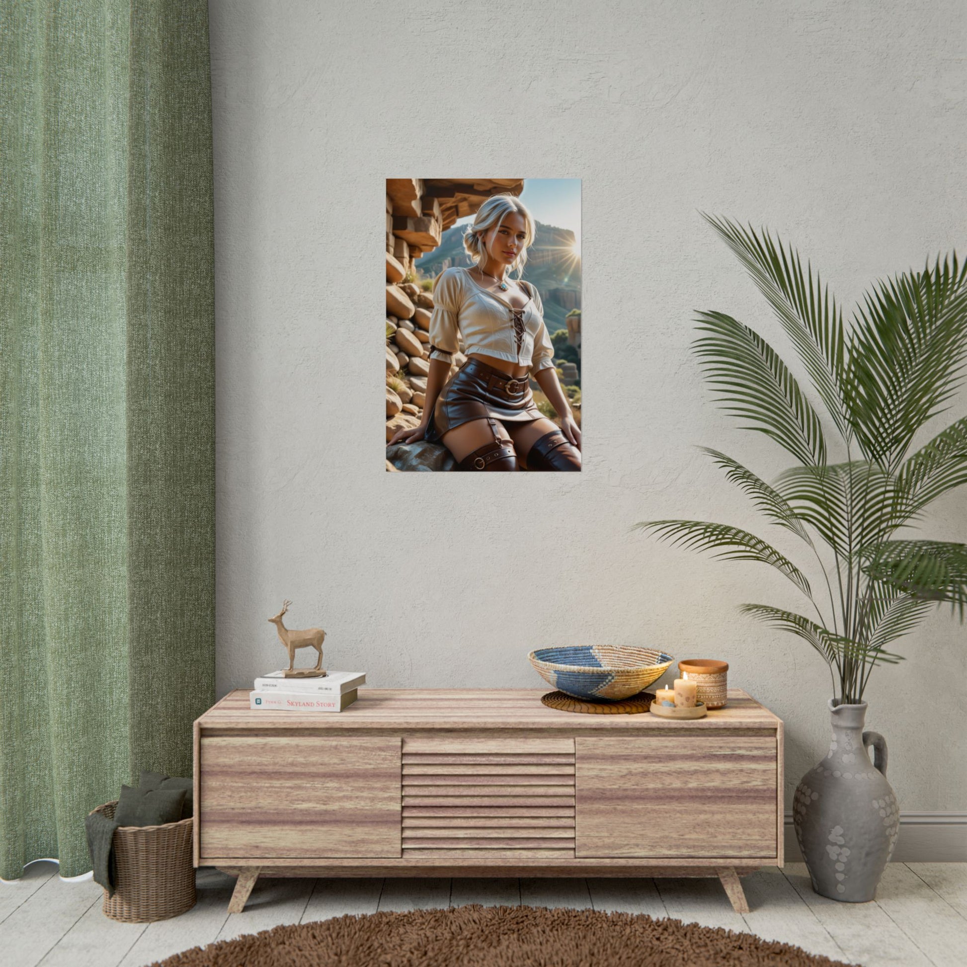 Ciri Art Print – Legendary Heroine Wall Decor for Gaming or Collector Rooms hanging above console in modern gaming or collector room