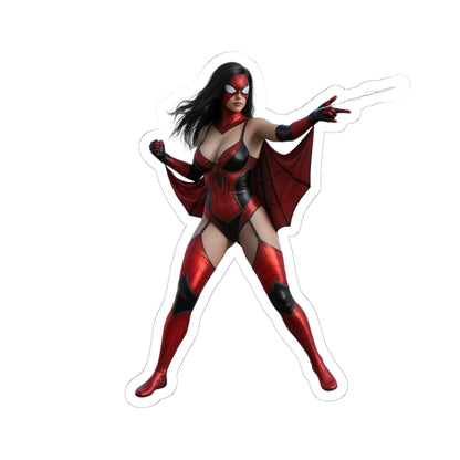 Spider Woman Sticker – Comic Heroine Vinyl Sticker for Laptops & Indoor Decor showing bold red comic-style heroine on glossy vinyl, perfect for laptops and indoor decor