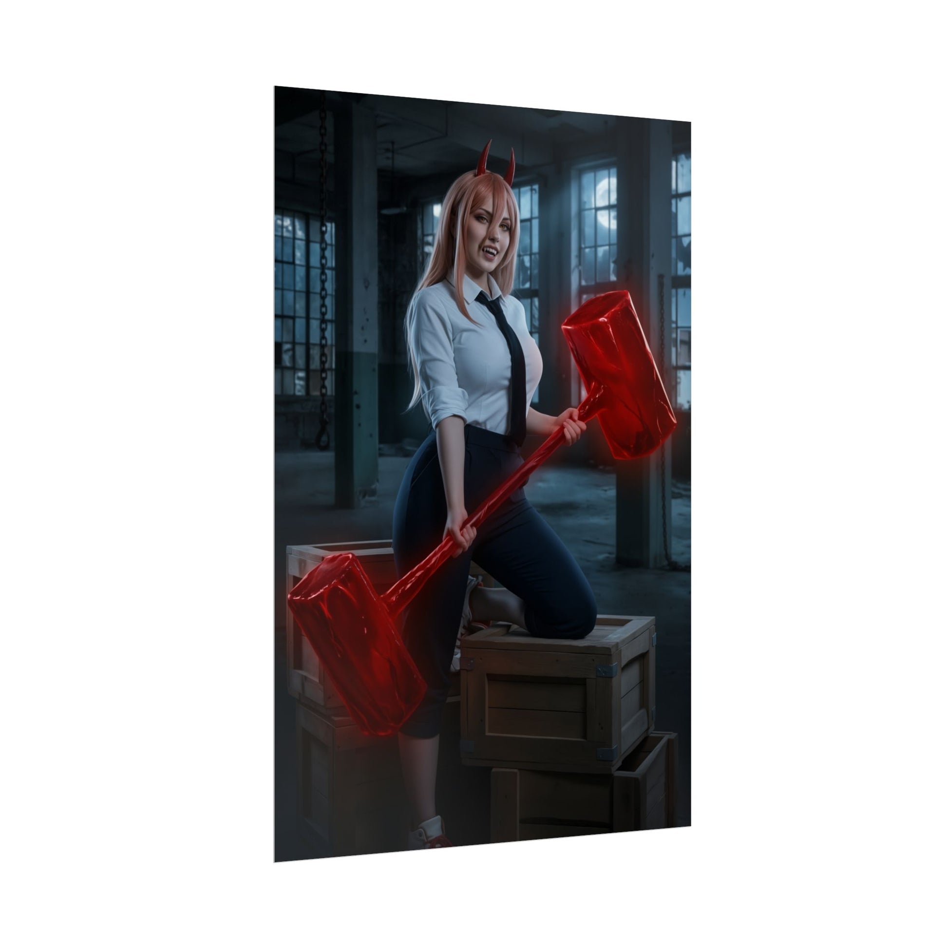 Alt Tag: Power Poster, Chainsaw Man Art Print, Iconic Fiend Character Wall Decor featuring Power with red hammer in industrial anime-style scene
