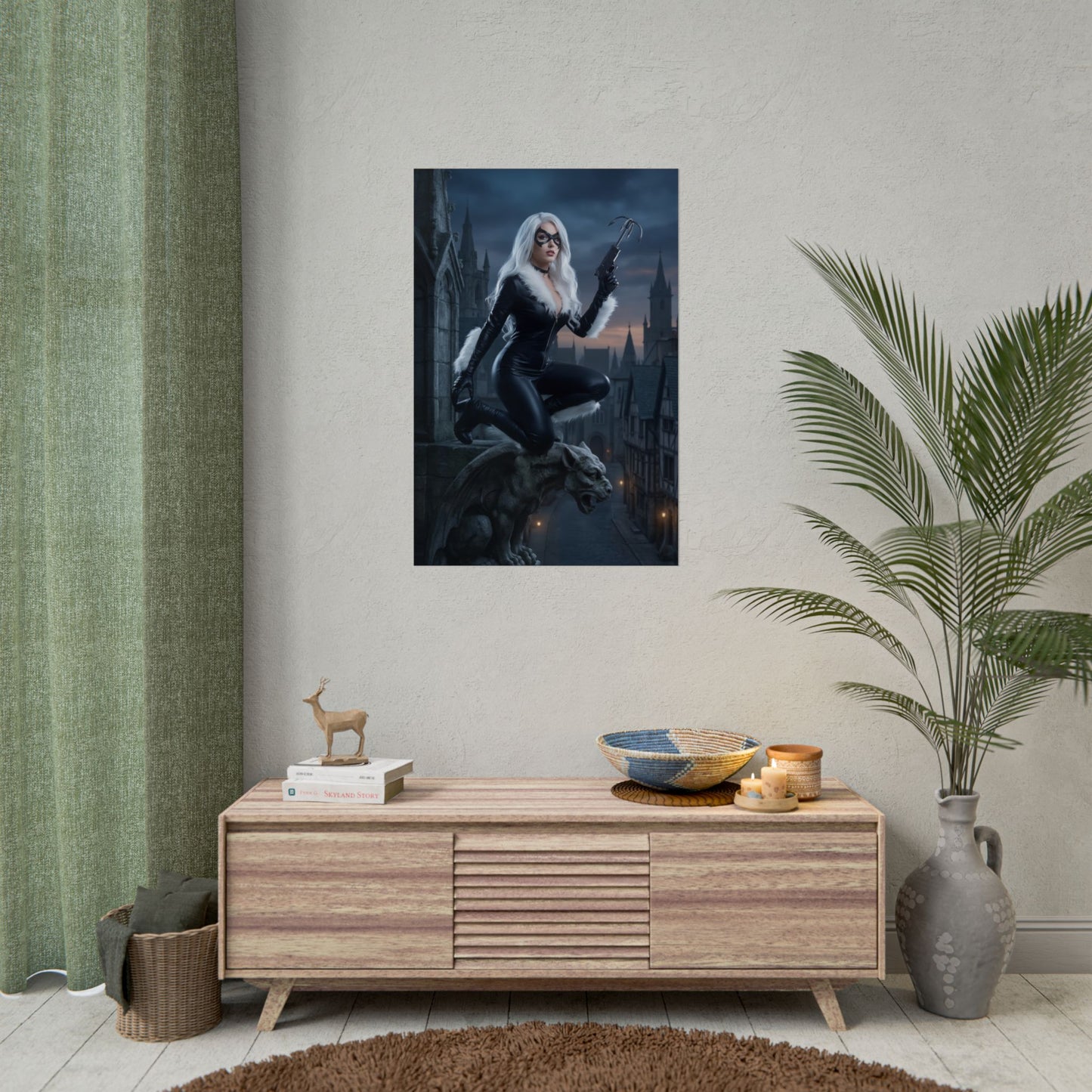 Black Cat Poster, Marvel Art Print – Iconic Anti-Heroine Wall Art - Black Cat perched on gargoyle in moody cityscape, gaming room decor