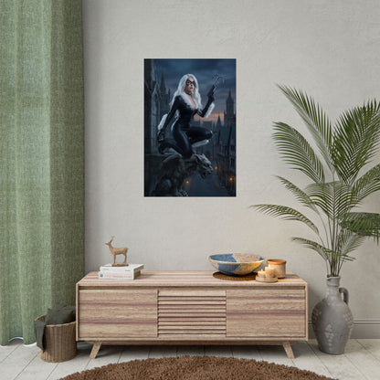 Black Cat Poster, Marvel Art Print – Iconic Anti-Heroine Wall Art - Black Cat perched on gargoyle in moody cityscape, gaming room decor