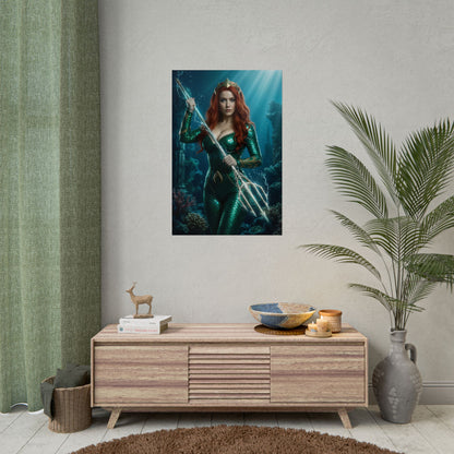 Mera Poster, DC Comics Art Print – Iconic Atlantean Heroine Wall Art showcasing Mera holding a trident in regal underwater scene