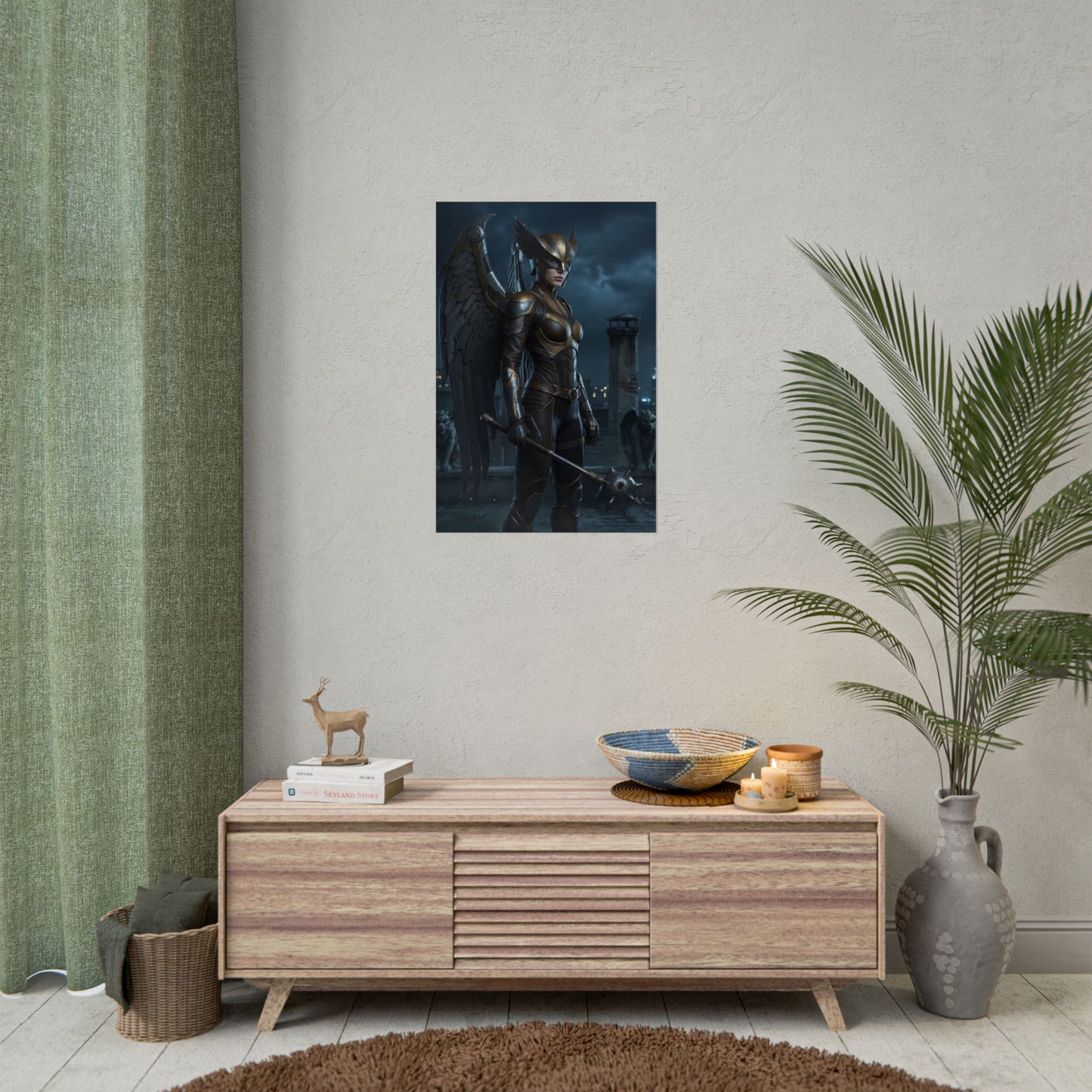Hawkgirl Poster, DC Art Print – Iconic Winged Warrior Heroine Wall Art showing dramatic armored Hawkgirl in dark cityscape, ultra-high resolution print