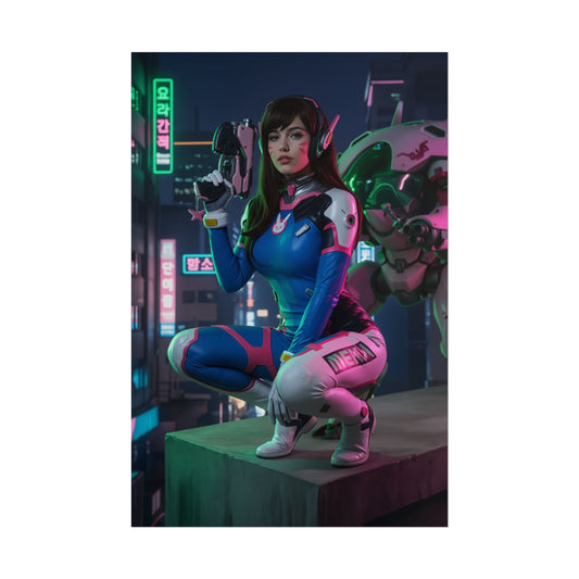 D.Va Poster – Iconic Esports Heroine Wall Art for Gamer Room Decor, high-res neon cyberpunk cosplay print