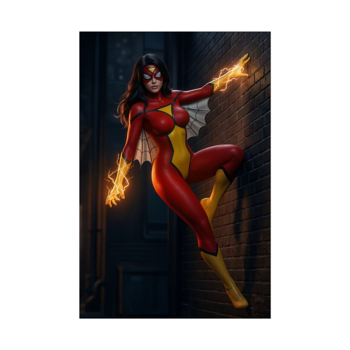 Spider-Woman Poster, Marvel Comics Art Print, Iconic Superhero Wall Decor  dynamic Spider-Woman in red-yellow suit clinging to brick wall with glowing web-energy
