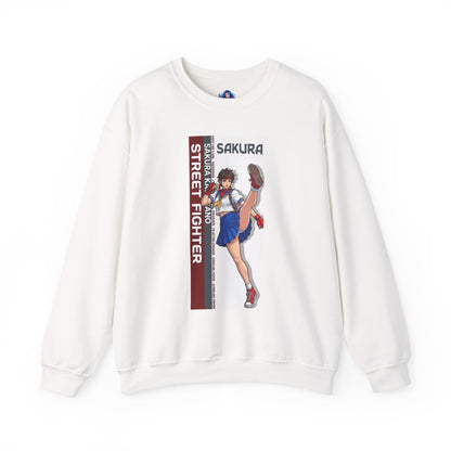 Sakura Sweatshirt, Street Fighter Crewneck, Classic Fighting Game Apparel for Fans — white crewneck with Sakura character kick graphic and red accents