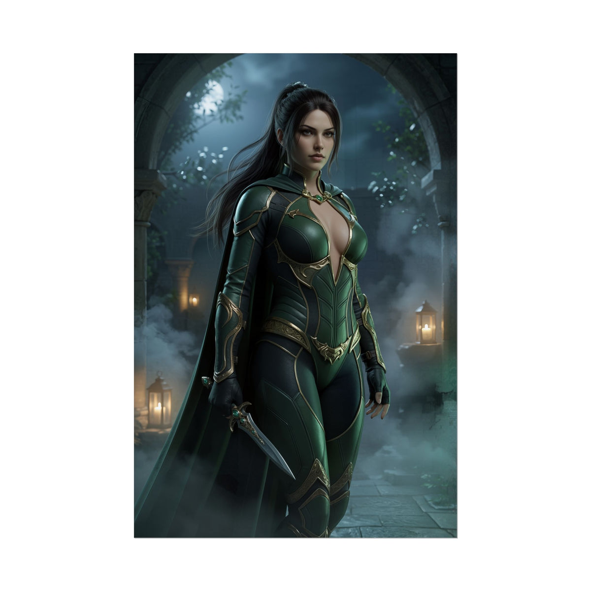 Talia al Ghul Poster, DC Comics Wall Art Print  Dark Hero Decor featuring armored Talia in dark green suit with dagger, moody gothic gaming room art